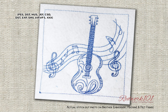 Guitar with Musical Notes Redwork: A Melodic Embroidery Design