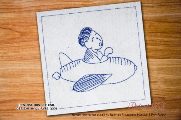 Pilot Boy on Airplane: A Charming Redwork Design